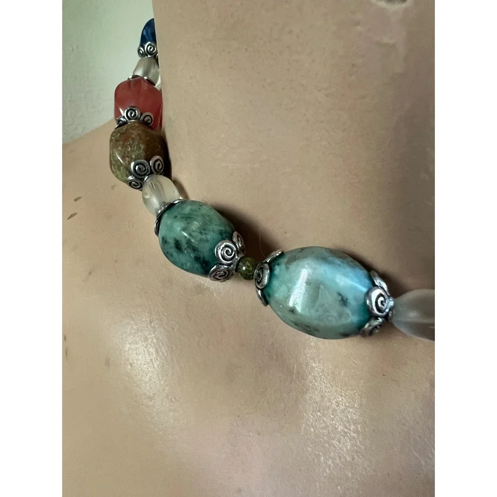 Multi Gemstone Nugget Necklace‎ 16in Sterling Silver Clasp Southwestern Vtg 90s